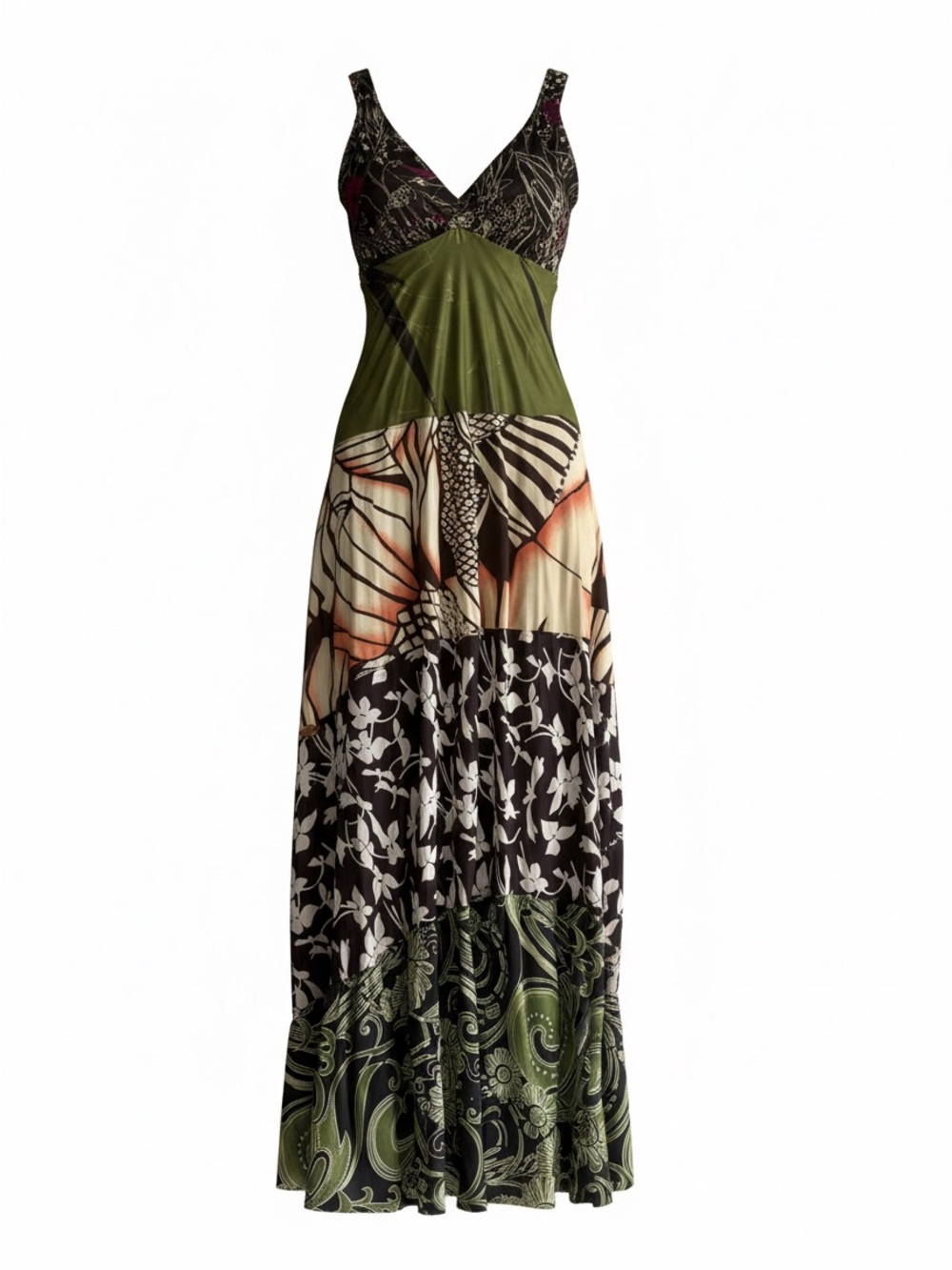 Olive Green Mixed-Print Maxi Dress